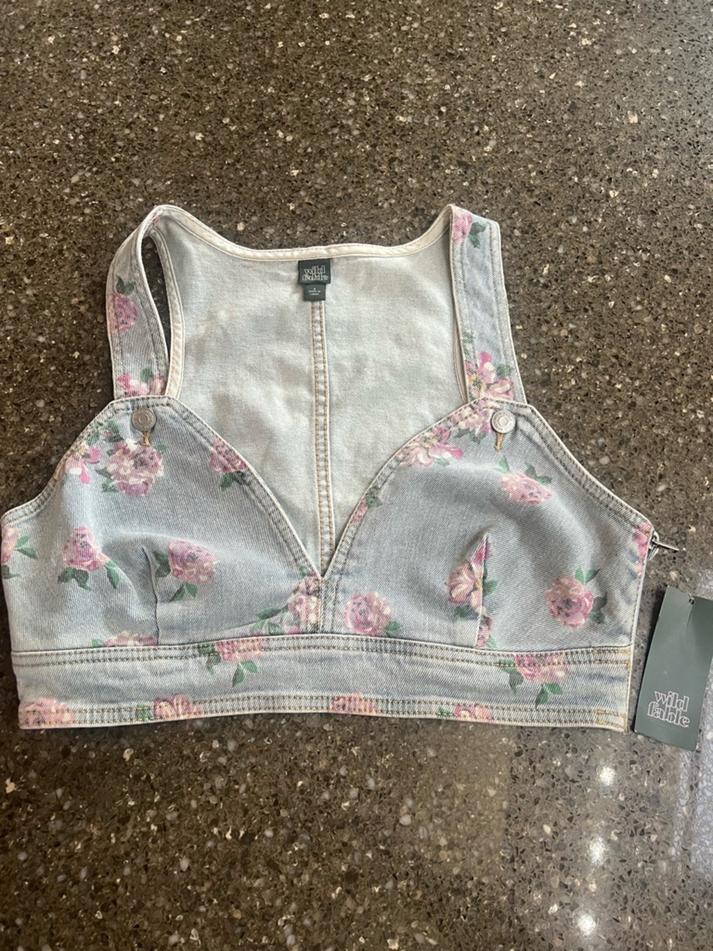 Wild Fable Light Blue Floral Denim Crop Bralette Top with Button Straps Size S